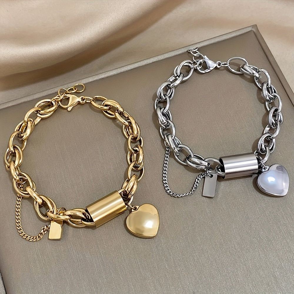Punk Chunky Golden Color Thick Chain Stainless Steel Bracelets Fashion Design Heart Love Pendant Wrist JewelryNew Year's Gifts Valentine's Day Gifts