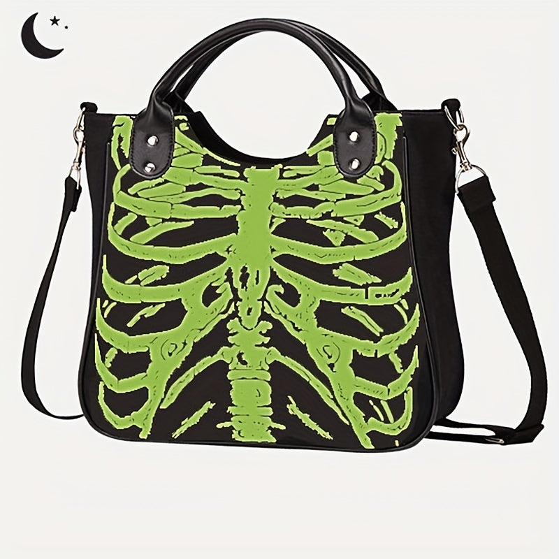 Halloween Skeleton Print Handbag, Luminous Horror Night Canvas Crossbody Bag, Gothic Ghost Skull Elf Tote Bag - Perfect for Carnival Mardi Gras Music Festival