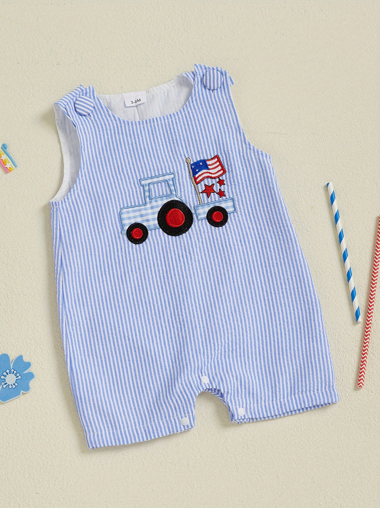 Toddler Boys Rompers Independence Day Clothes Flag Star Embroidery Stripe Summer Sleeveless Overalls Bodysuits Jumpsuits, for Outdoor
