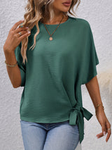 Solid Knotted Blouse, Casual Crew Neck Asymmetrical Blouse, Women's Clothing