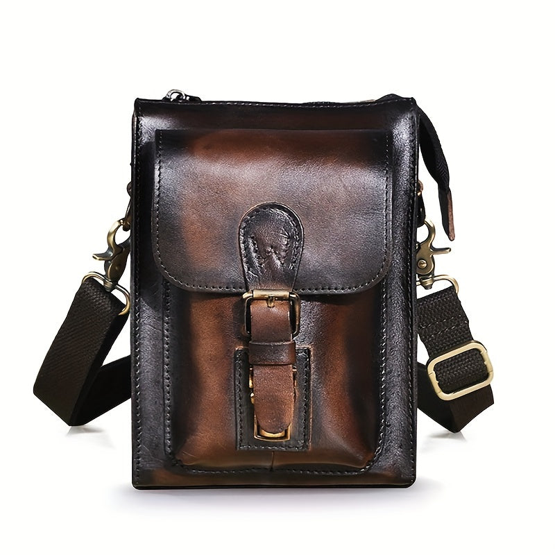 Genuine Crazy Horse Leather Unisex Crossbody Sling Waist Bag, Retro Travel Phone Pouch Fanny Belt Bag, 6402