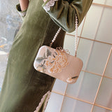 Flower Embroidery Pearl Chain Clutch Bag, Elegent Textured Metal Frame Bag, Classic Celebrity Dinner Evening Bag