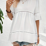 Solid Ruffle Trim Blouse, Vacation Cut Out Crew Neck Summer Blouse, Women's Clothing