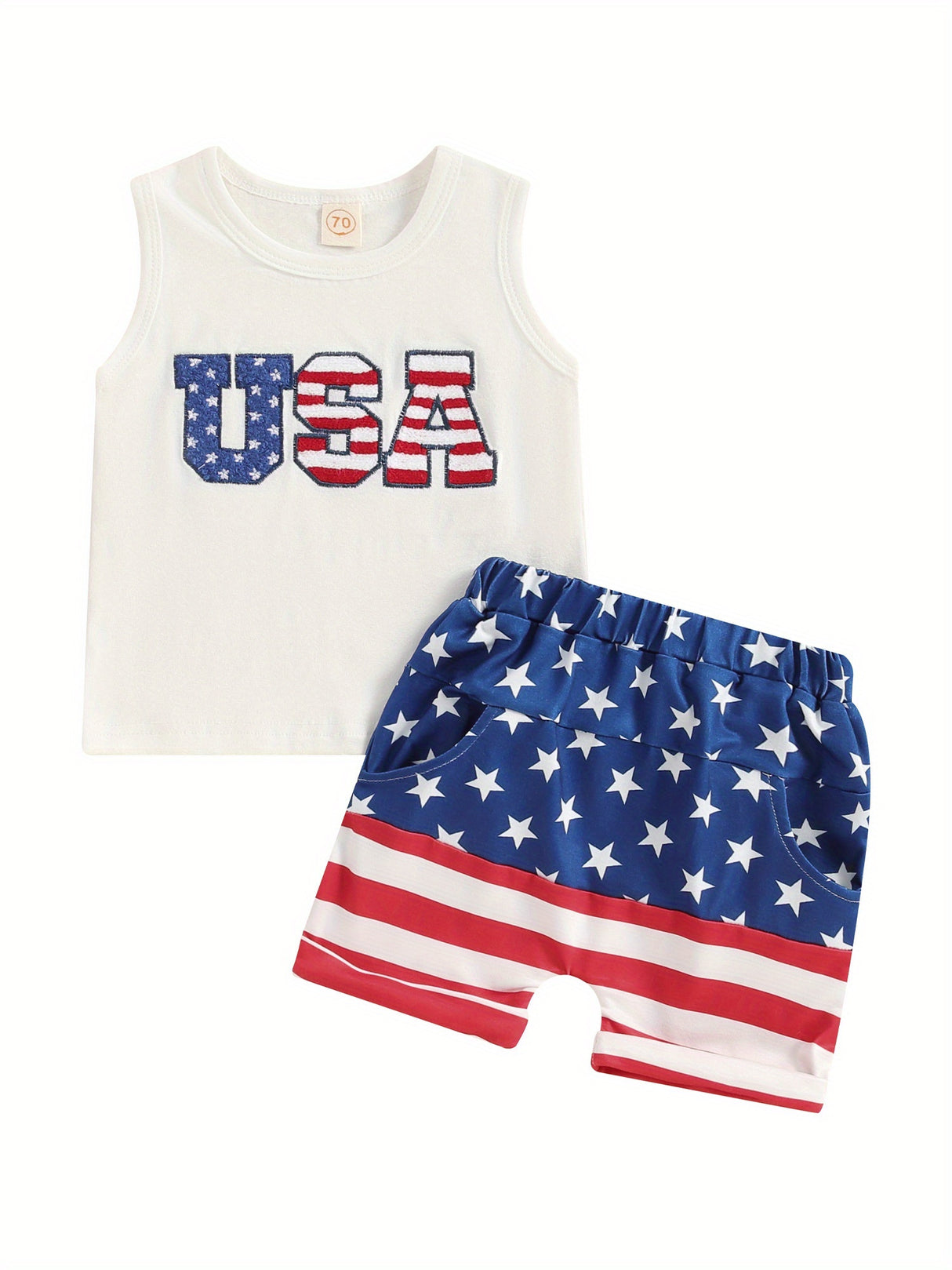4th of July Toddler Boys Outfits Fuzzy Letter Embroidered Tank Tops and Stripe Stars Print Shorts 2pcs Clothes Set, Perfect for Outdoor