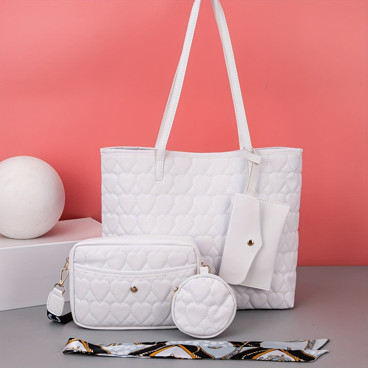 Quilted Detail Tote Bag Set: Classic Shoulder Chain Bag, Crossbody Purse with Scarf Decor
