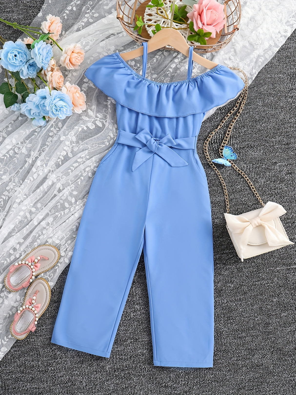 Girls Ruffle Cami Romper Belt Off Shoulder Elegant Summer Spring Autumn Kids Clothes