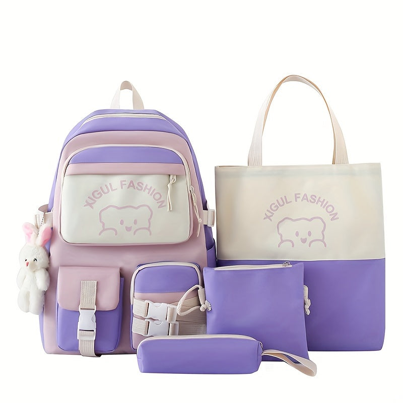 New casual backpack women's four-piece backpack backpack Korean version contrasting simple and versatile canvas school bag