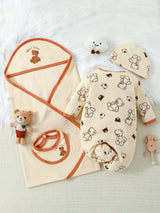 Baby Girl Romper Cute Bear Print Outfits, One-piece Romper + Hat + Baby Bib + Baby Blanket Four-piece Indoor And Outdoor Set
