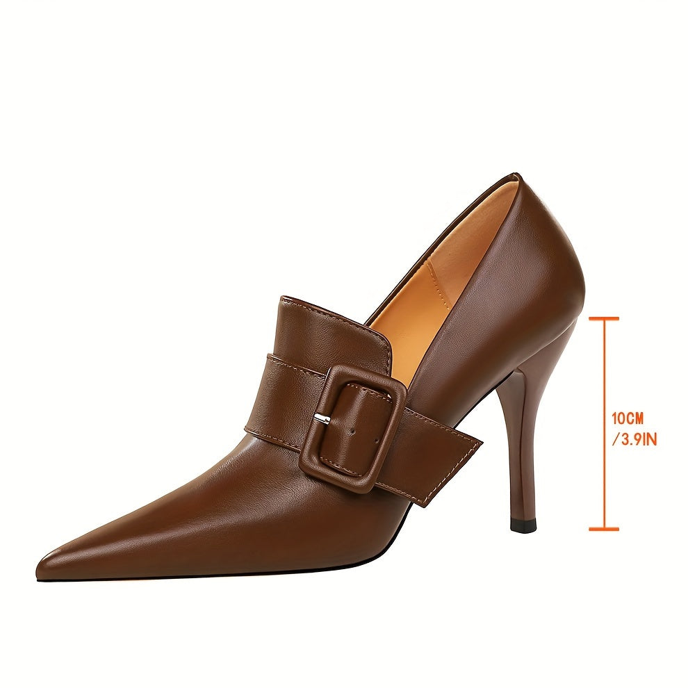 Lightweight Brown PU Stiletto Heels - Elegant Pointed Toe with Decorative Buckle Strap, Versatile Strappy Heels for Women All Seasons