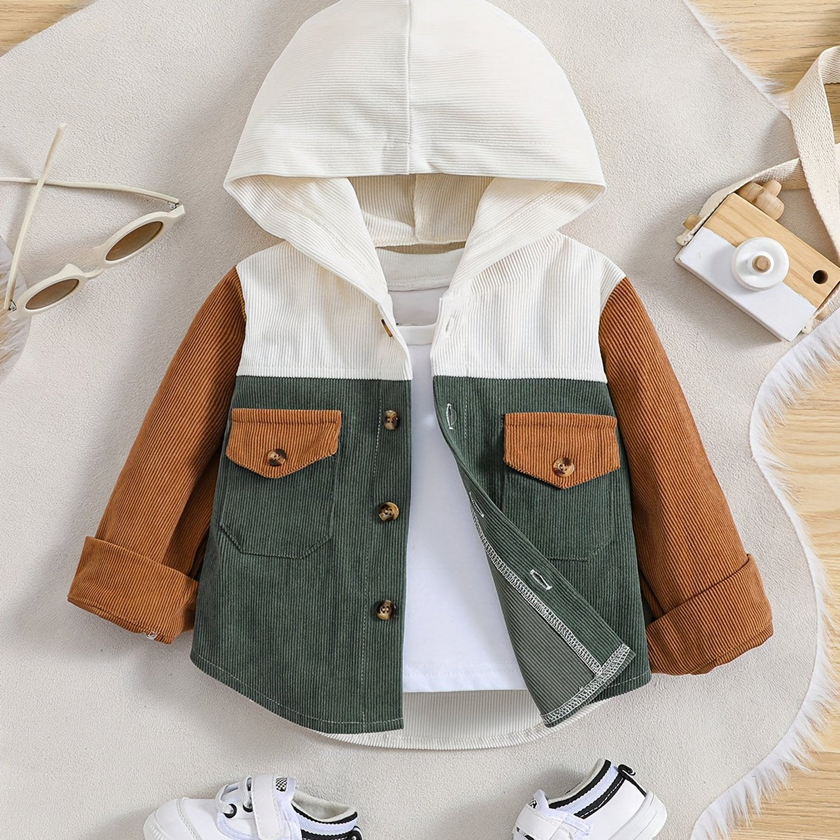 Toddler Boys Stylish Solid Color Hooded Bomber Jacket - Water-Resistant Polyester Fabric, Casual Button Down Coat with Pocket, Regular Fit for Spring and Fall Seasons