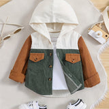 Toddler Boys Stylish Solid Color Hooded Bomber Jacket - Water-Resistant Polyester Fabric, Casual Button Down Coat with Pocket, Regular Fit for Spring and Fall Seasons