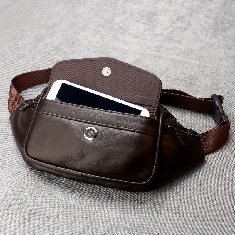 Classic Fanny Pack Genuine Leather Waist Bag For Men & Women, Fashionable Top Layer Cowhide Multi-Pocket Waist Belt Bag For Travel Hiking Cycling Fishing Running