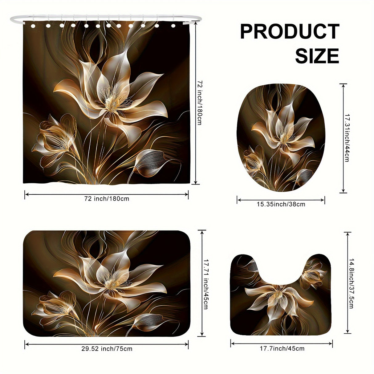 1/4pcs Deluxe Floral Shower Curtain Set - Waterproof, Non-Slip, U-Shaped Toilet Mat, 12 Hooks, Bath Mat, Bathroom Decor Accessories - Complete Bathroom Essentials Kit