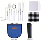 Camp Silverware Picnic Tableware Storage Set 13 Camping Miscellaneous Bag Includes High-Quality Cutting Board, Tablecloth, Stainless Steel Plate, Spoon, Knife, Fork, Wine Opener, BBQ, Travel, Hiking