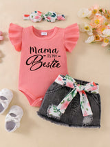 Baby Girl Clothes Newborn Jumpsuit Short Sleeved Denim Skirt with Front End and Baby Clothing Set, 0-18 Months, for Outdoor