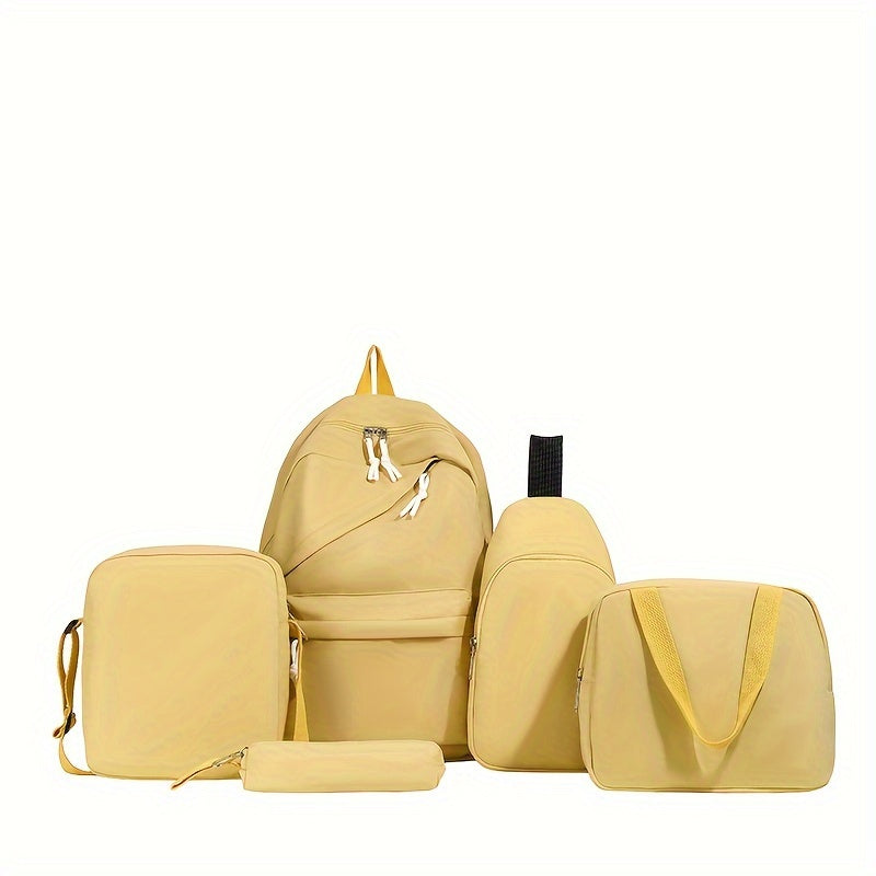 5pcs/set Multi-functional College Bag Set - Solid Color Laptop Backpack with Chest Bag, Handheld Bag, Sling Bag, and Pencil Pouch for Men and Women's Daily Commute