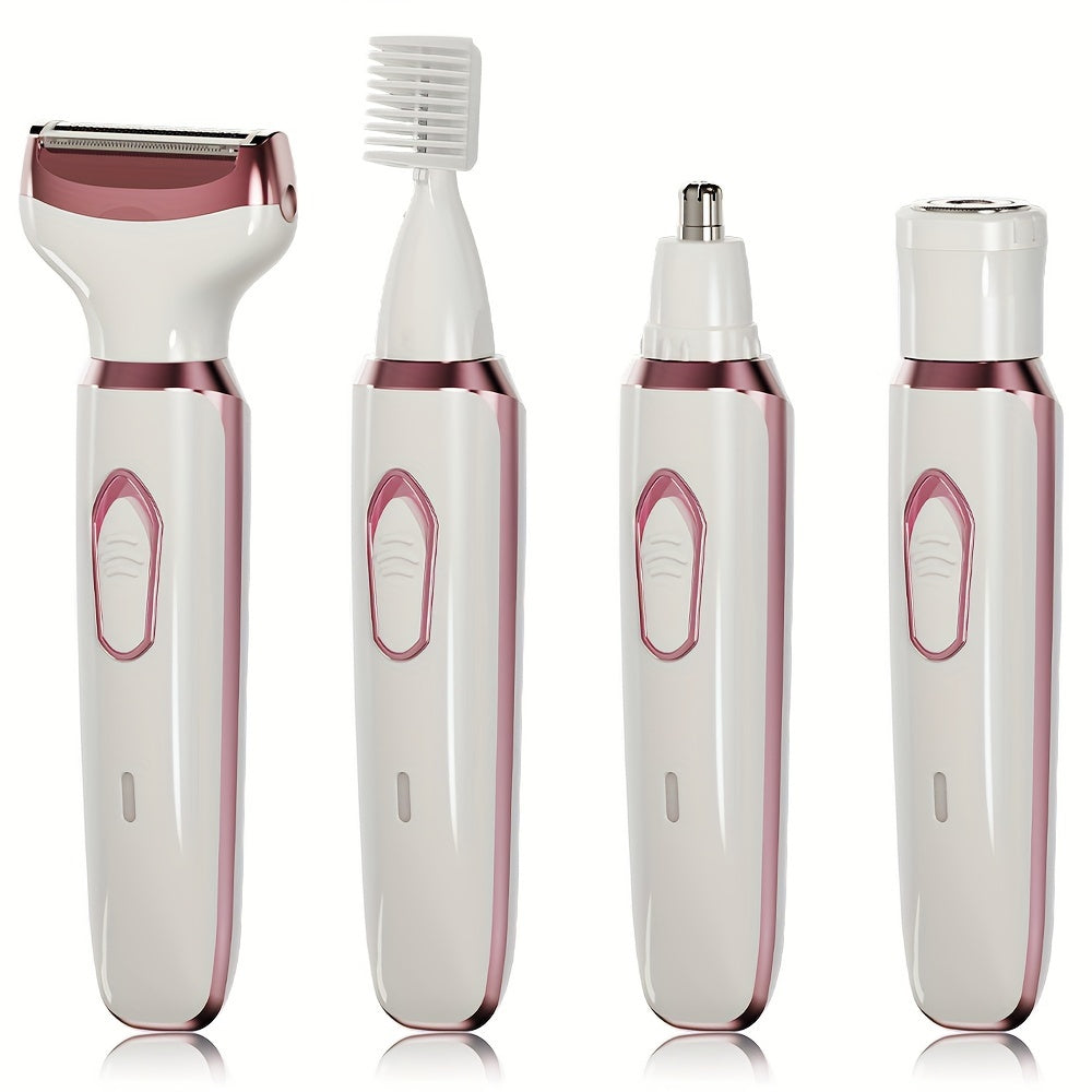 4-in-1 Rechargeable Electric Razor: Painless Wet & Dry Trimmer for Face, Nose, Legs, Underarm, Bikini - Portable Grooming Kit for Women