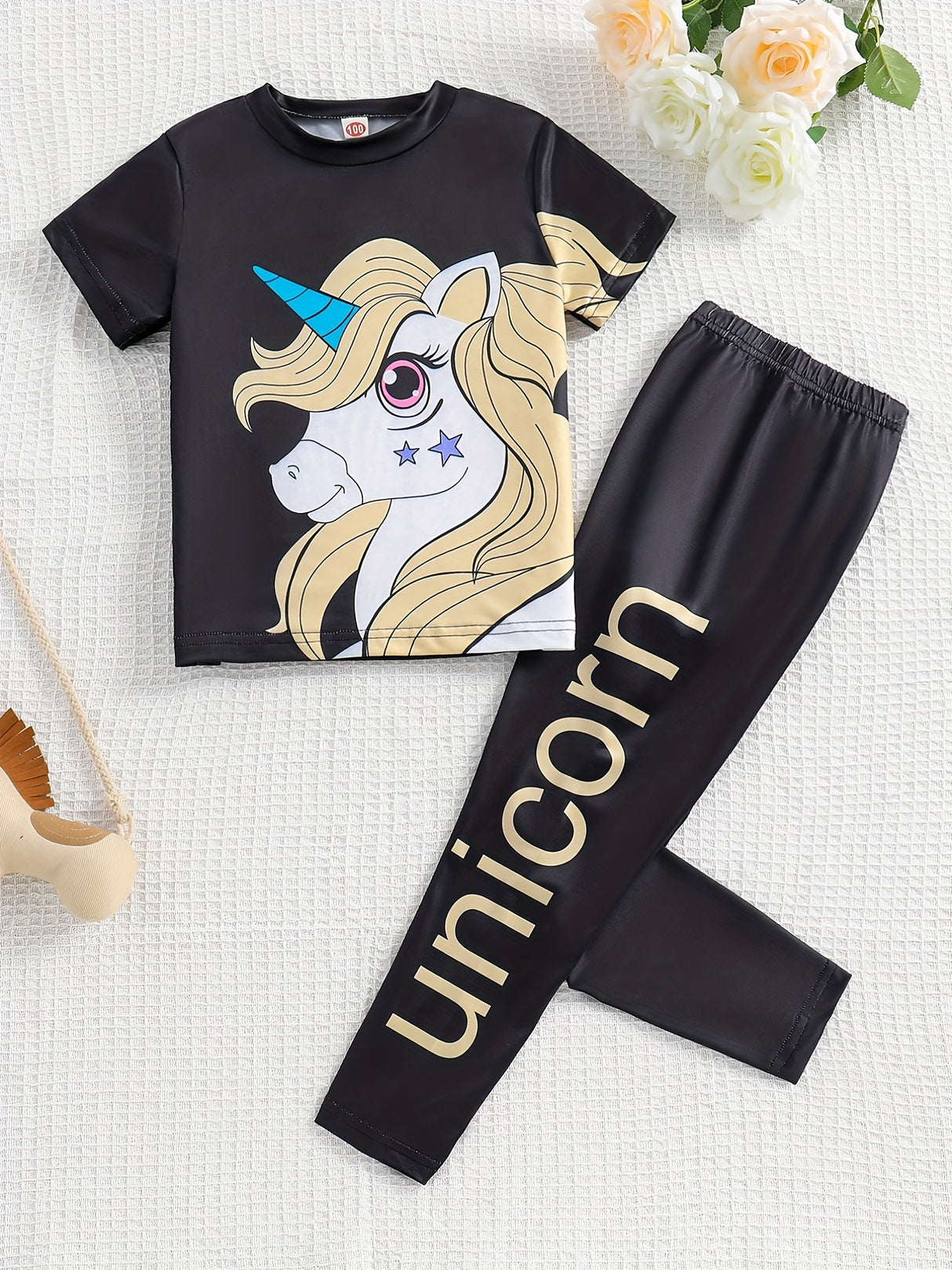 Girl's 2pcs T-shirt & Elastic Waist Pants Set, UNICORN Print Short Sleeve Tee Top, Casual Outfits, Kids Clothes For Summer
