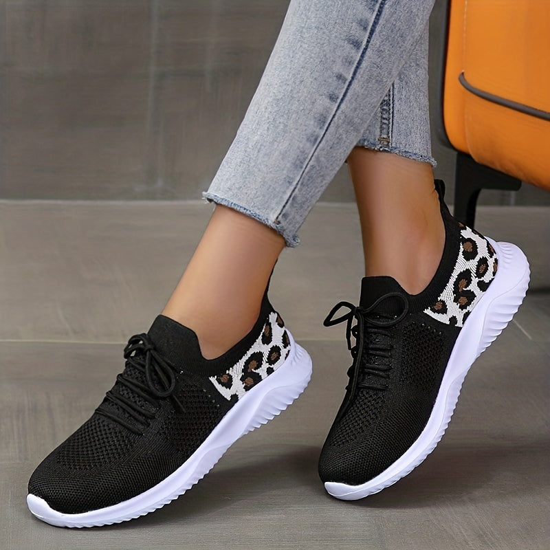 Women's Leopard Knit Sports Shoes, Breathable Lace Up Low Top Running Shoes, Casual Walking Tennis Sneakers