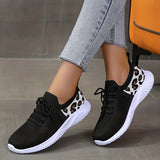 Women's Leopard Knit Sports Shoes, Breathable Lace Up Low Top Running Shoes, Casual Walking Tennis Sneakers