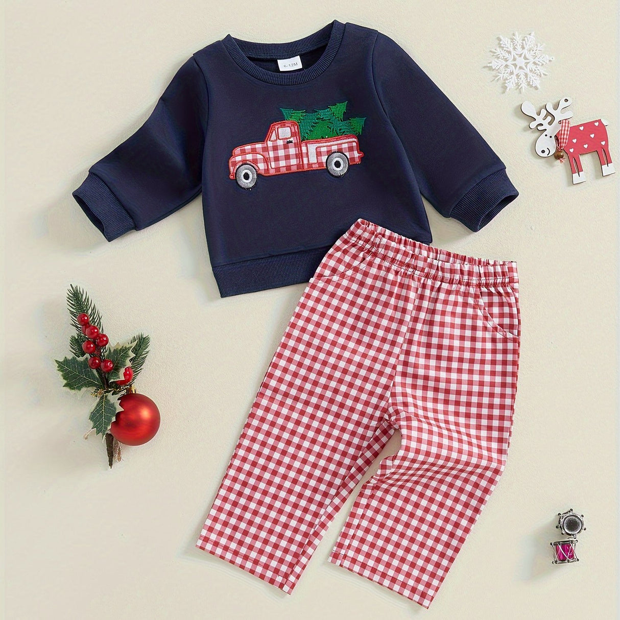 Toddler Boys Christmas Outfits Santa/Truck Embroidery Long Sleeve Sweatshirts and Plaid Long Pants 2Pcs Clothes Set