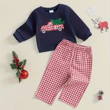 Toddler Boys Christmas Outfits Santa/Truck Embroidery Long Sleeve Sweatshirts and Plaid Long Pants 2Pcs Clothes Set