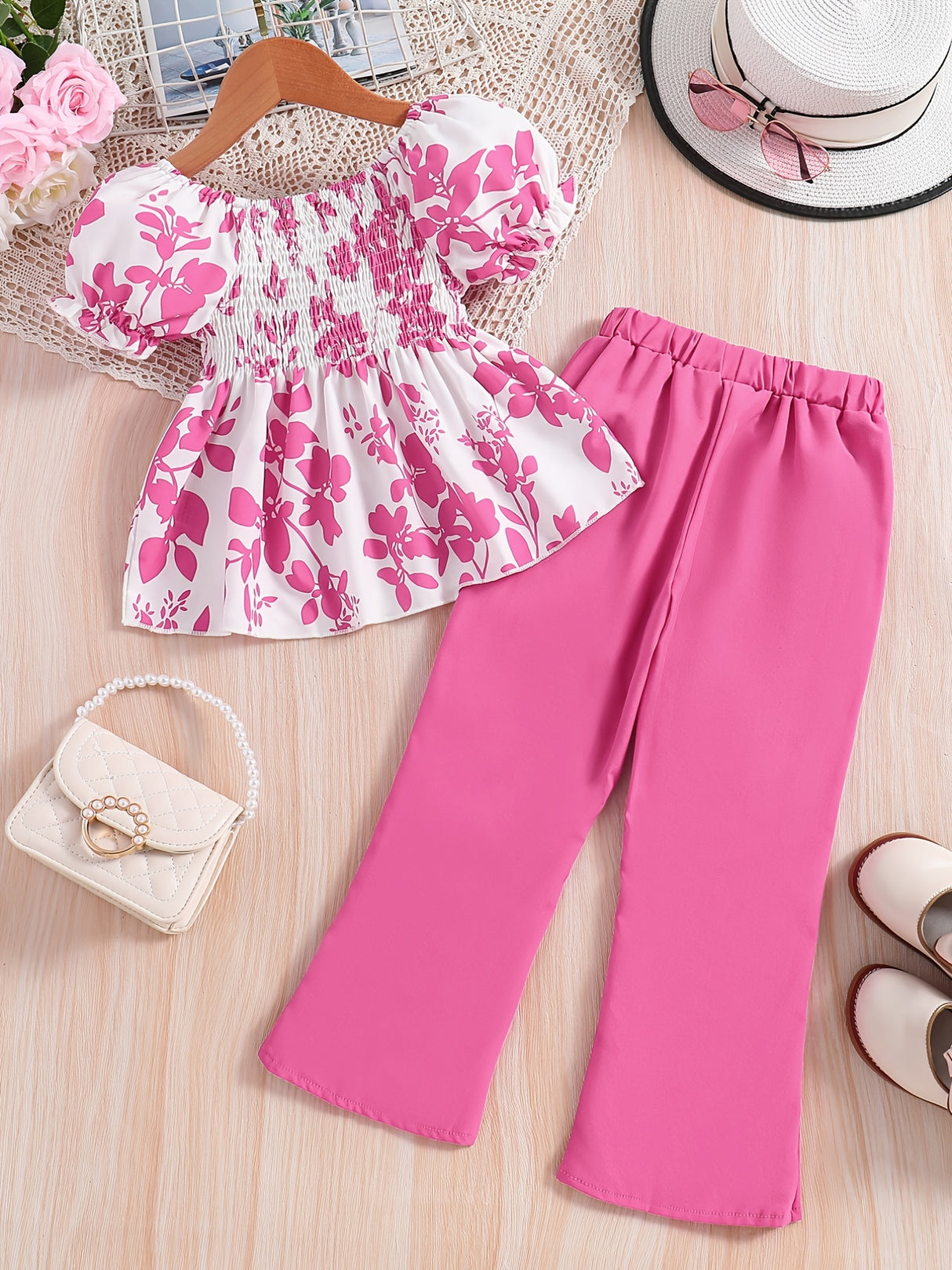 Girls 2pcs Shirred Shirt & Elastic Waist Flared Pants Set Floral Print Short Puff Sleeve Top Elegant Kids Clothes Summer