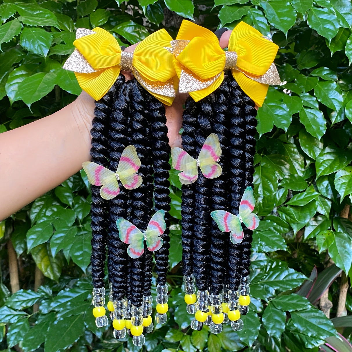 2pcs Delicate Kids Ponytail Extensions, Braids With Beads, Sweet Hair Extension With Elastic Tie, Twist Ponytails With Hair Bows Butterflies, Cute Pigtail, Beautiful Wig For Girls Casual Leisure Party Supplies, Gift Stage Per