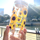 1pc, Sunflower Butterfly Drinking Glass With Lid And Straw, 16.9OZ/500ML Can Shaped Water Cup, Iced Coffee Cup, For Beer, Juice, Milk, Birthday Gifts, Drinkware