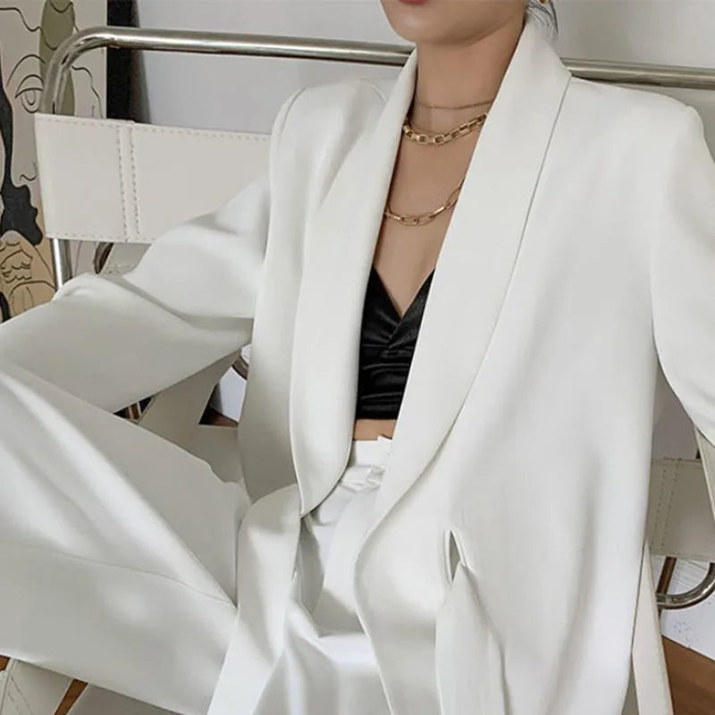 TWOTWINSTYLE Elegant White Blazer For Women Notched Long Sleeve Tunic Sashes Solid Minimalist Blazers Female Fashion New Spring