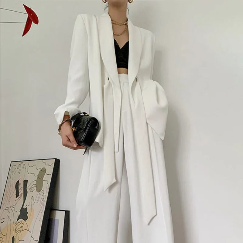 TWOTWINSTYLE Elegant White Blazer For Women Notched Long Sleeve Tunic Sashes Solid Minimalist Blazers Female Fashion New Spring