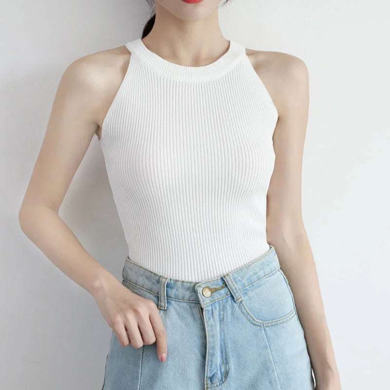 HELIAR Women Black Y2K Crop Tops Knitted Off Shoulder Tank Tops Female O-Neck Elastic Solid Elegant Tops Women 2024 Summer