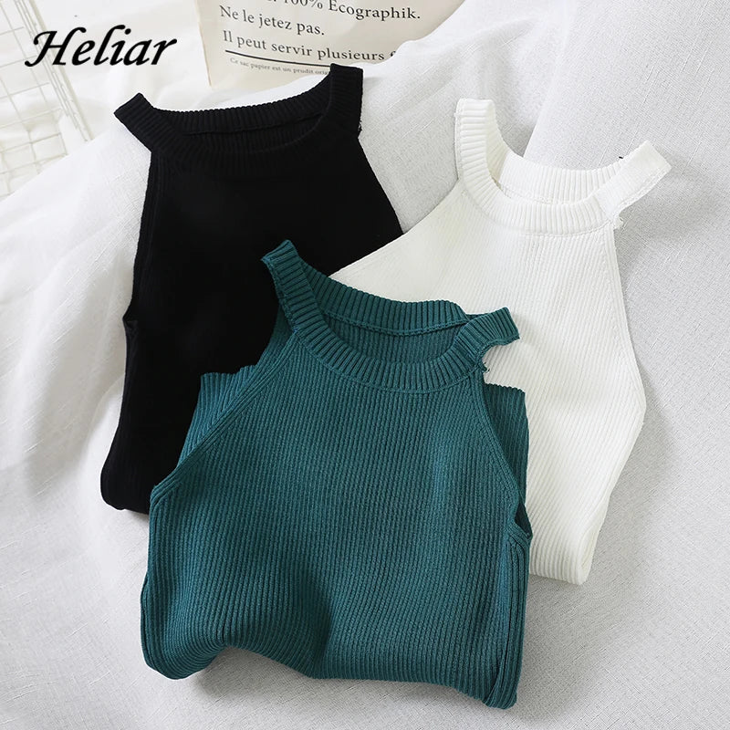 HELIAR Women Black Y2K Crop Tops Knitted Off Shoulder Tank Tops Female O-Neck Elastic Solid Elegant Tops Women 2024 Summer