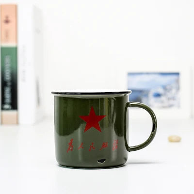 serve the people mug classic army green handgrip metal carbon steel Traditional Chinese mug Enamel mug Antique mug