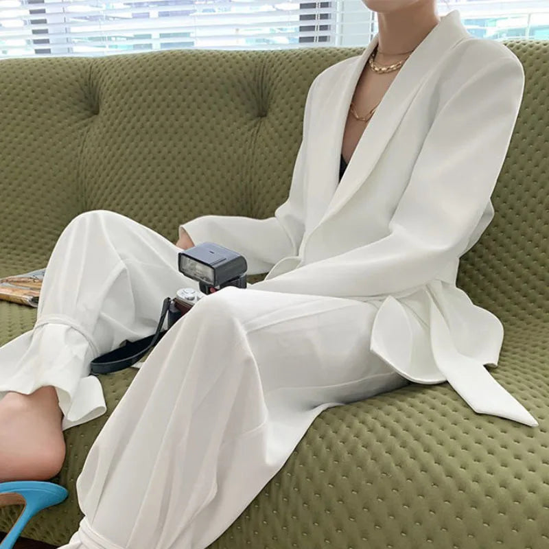 TWOTWINSTYLE Elegant White Blazer For Women Notched Long Sleeve Tunic Sashes Solid Minimalist Blazers Female Fashion New Spring