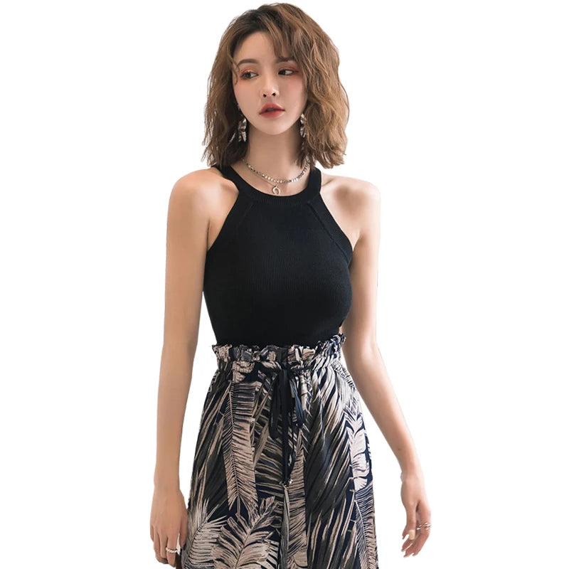HELIAR Women Black Y2K Crop Tops Knitted Off Shoulder Tank Tops Female O-Neck Elastic Solid Elegant Tops Women 2024 Summer