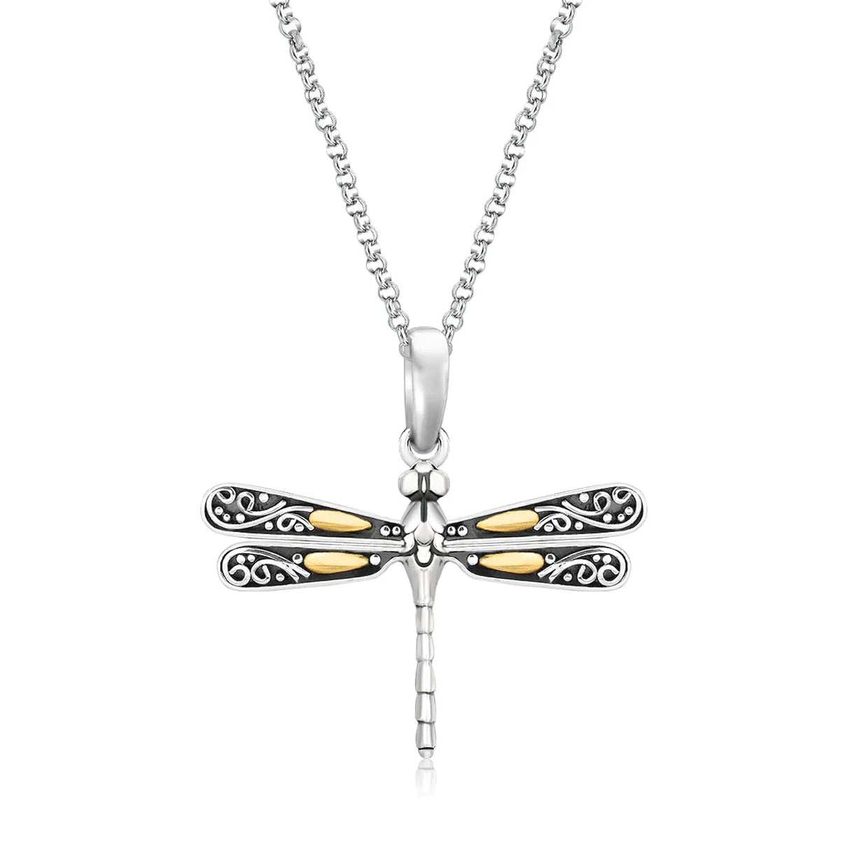 UD2 Dragonfly Design Pendant 18K Yellow Gold and Sterling Silver Necklace Fashion Accessory