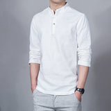 Men's Clothing  Men Spring Tops & Tees Male Fashion T-Shirts Stand Collar Long-sleeved Slim Base Shirt Homme Linen t-shirt