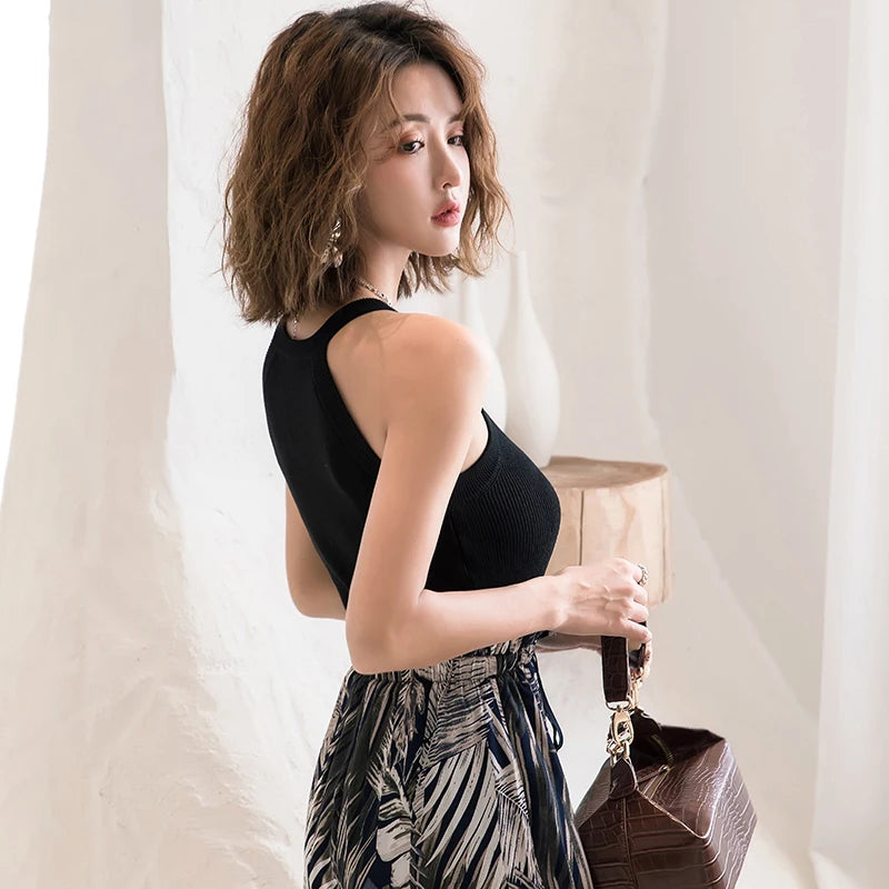 HELIAR Women Black Y2K Crop Tops Knitted Off Shoulder Tank Tops Female O-Neck Elastic Solid Elegant Tops Women 2024 Summer