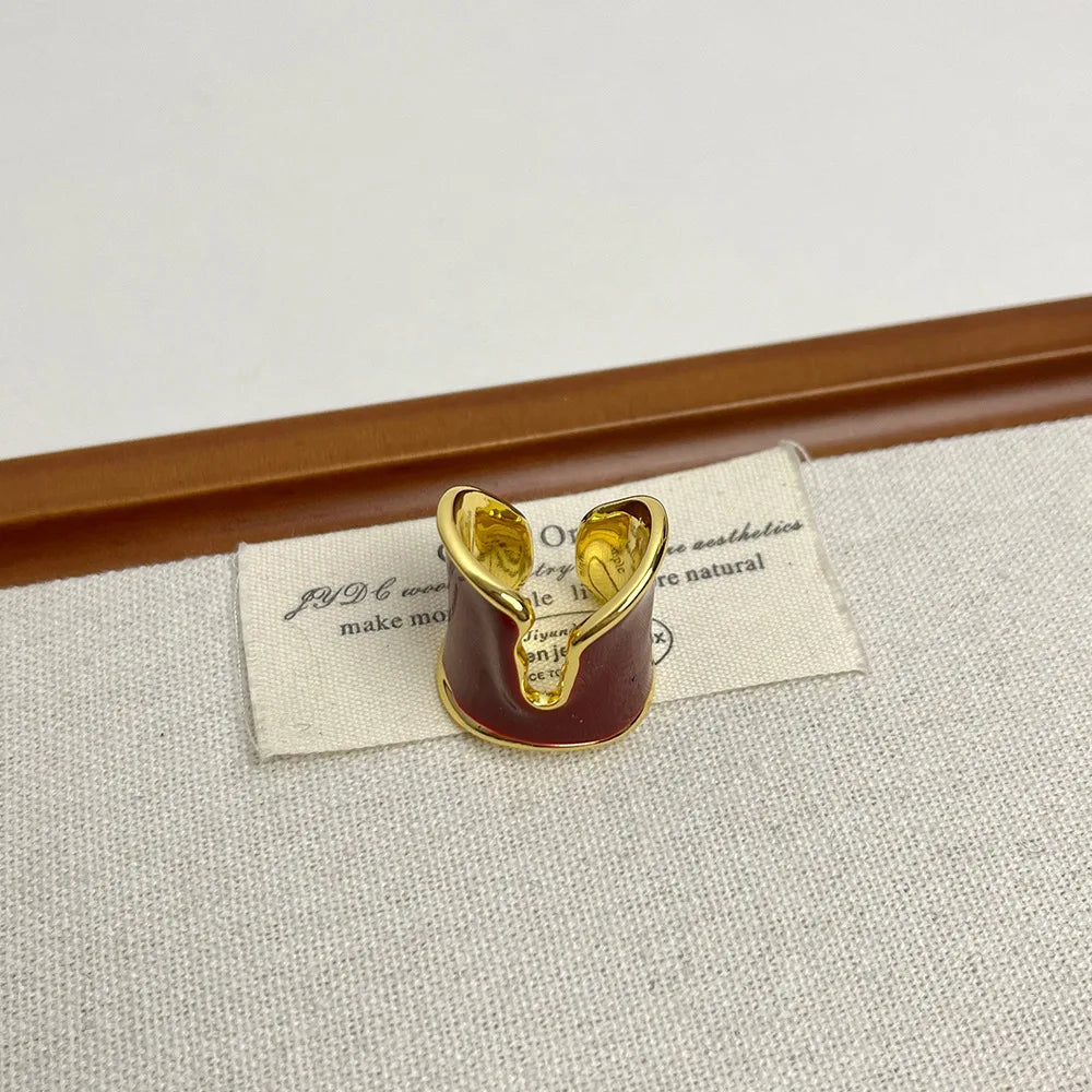 Retro Irregular Glossy Glazed Metal Open Ring for Women