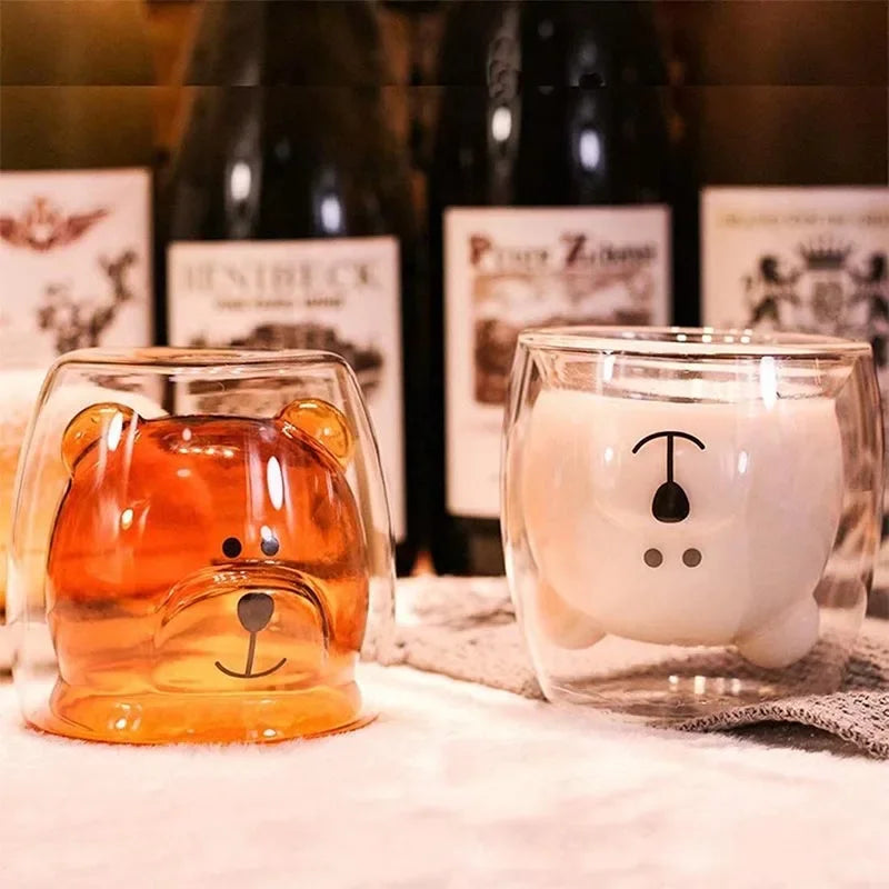 Creative glass mug Transparent Double Walls Glass mug Cartoon Bear Coffee Mug Milk Juice Cute Cup Christmas mug for Girlfriend