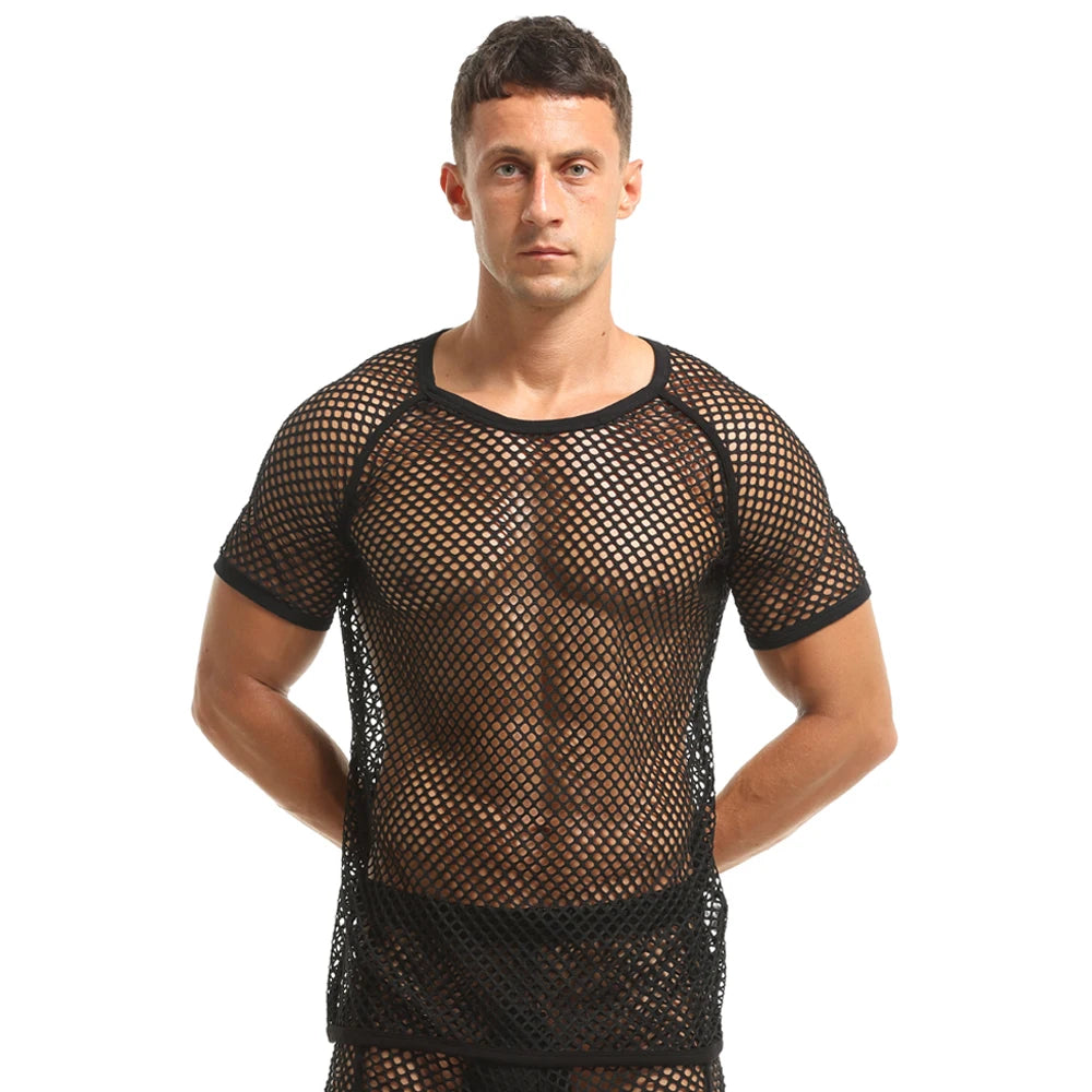 Sexy T-shirts for Men See-Through Mesh Breathable Short Sleeve Clothing Black Fashion Party Nightclub Transparent Man Shirt 2022