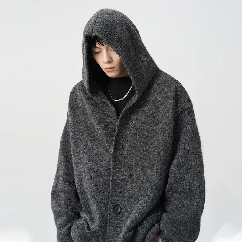 Spring Gray Woollen Knitted Cardigan Hooded Sweater For Men Pockets Korean Fashion Knitwear Jacket Y2K Vintage Jumpers Hombre