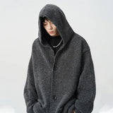 Spring Gray Woollen Knitted Cardigan Hooded Sweater For Men Pockets Korean Fashion Knitwear Jacket Y2K Vintage Jumpers Hombre