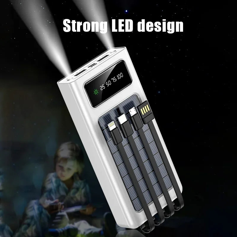 Lenovo 200000mah Large Capacity Solar PowerBank Built 4 Cables Portable Fast Charging Usb Ports Charger Powerbank For All Phones