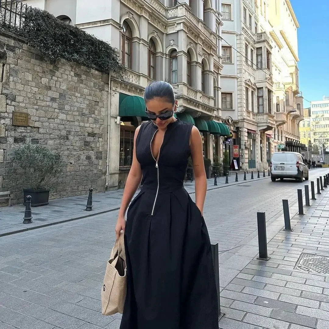 Women's Dress Sleeveless V-Neck Casual Waist-Fitted Zipper