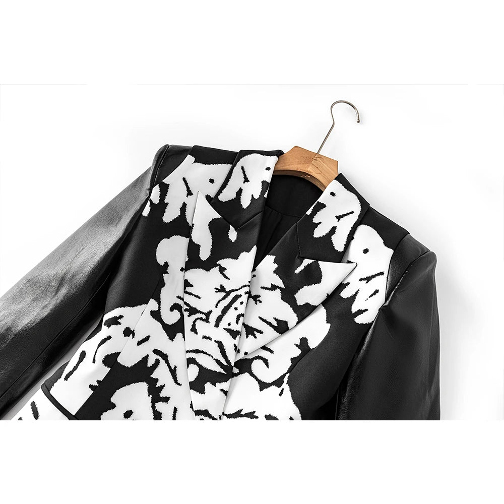 2025 New Designed Fashion Pu Patchwork Floral Office Wear Slim Blazer For Women Ladies
