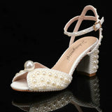 Sweet Handmade Pearl Stiletto Line With Shallow Cut Party Wedding Shoes Thick Heels High Heels For Women
