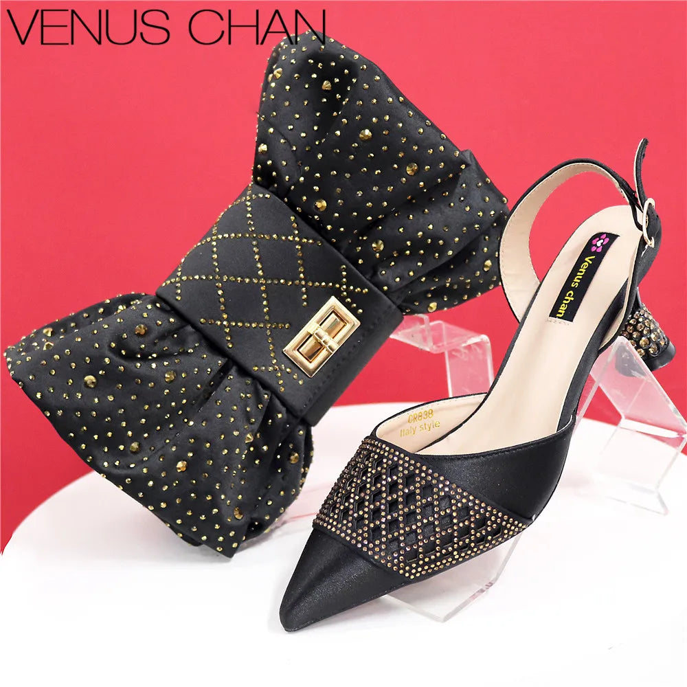 2025 Heel Shoes for Women Hollowed Out Embroidery Rhinestone Italian Design Green Color Pointed-Toe Shoes and Bags Set