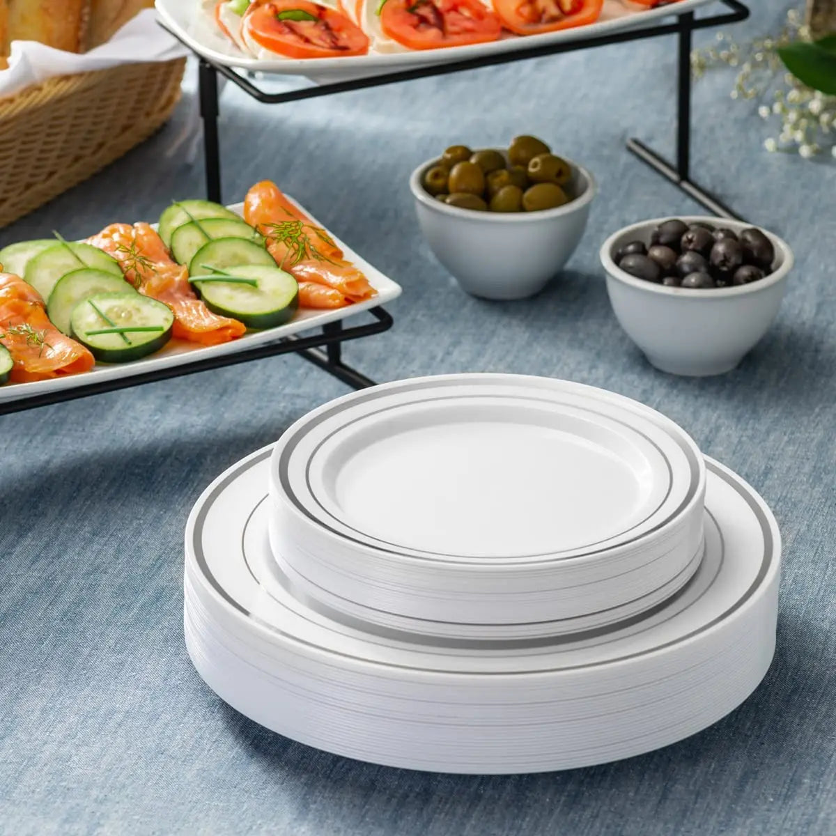 25/10PCS Silver Plastic Plates-Disposable Plastic Plates with Silver Rim- Wedding Party Plates Dinner Plates /Salad Plates
